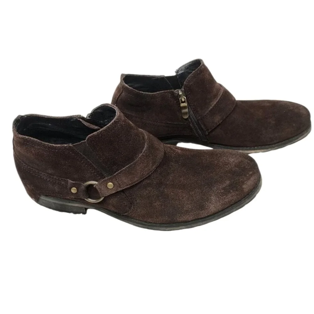 Donald Pliner Suede Leather Ankle Boots Brown Harness Buckle Moto Biker‎ Style 8